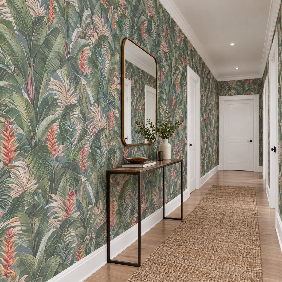 Papier peint feuilles de bananier et héliconias dans un couloir