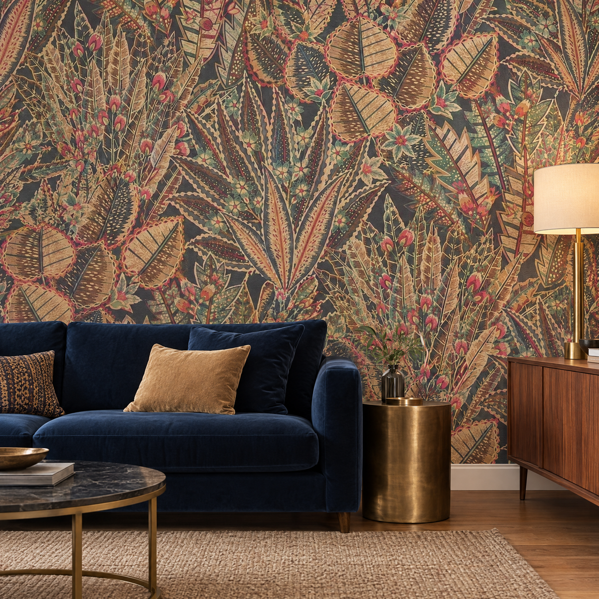 Papier peint feuillage botanique sombre noir, beige et rouge dans un salon avec canapé en velours bleu