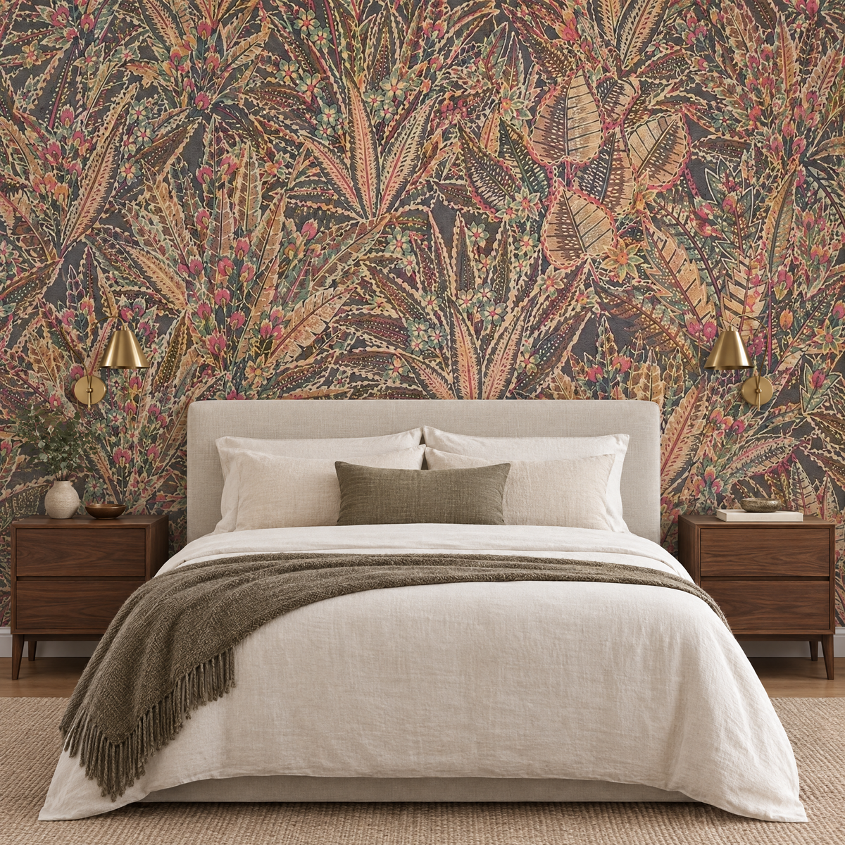 Papier peint feuillage botanique sombre noir, beige et rouge dans une chambre avec lit en lin