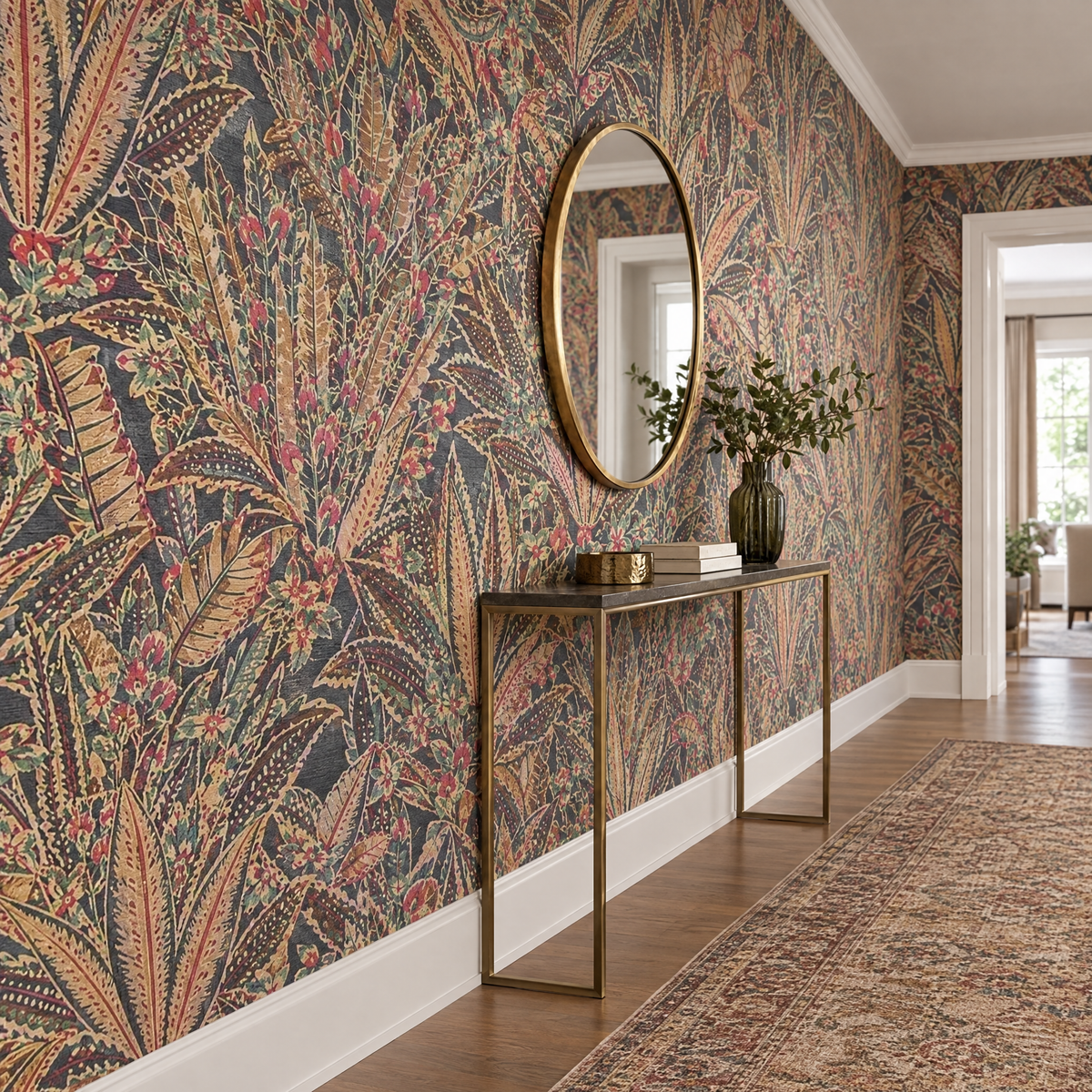 Papier peint feuillage botanique sombre noir, beige et rouge dans un couloir avec console et miroir rond
