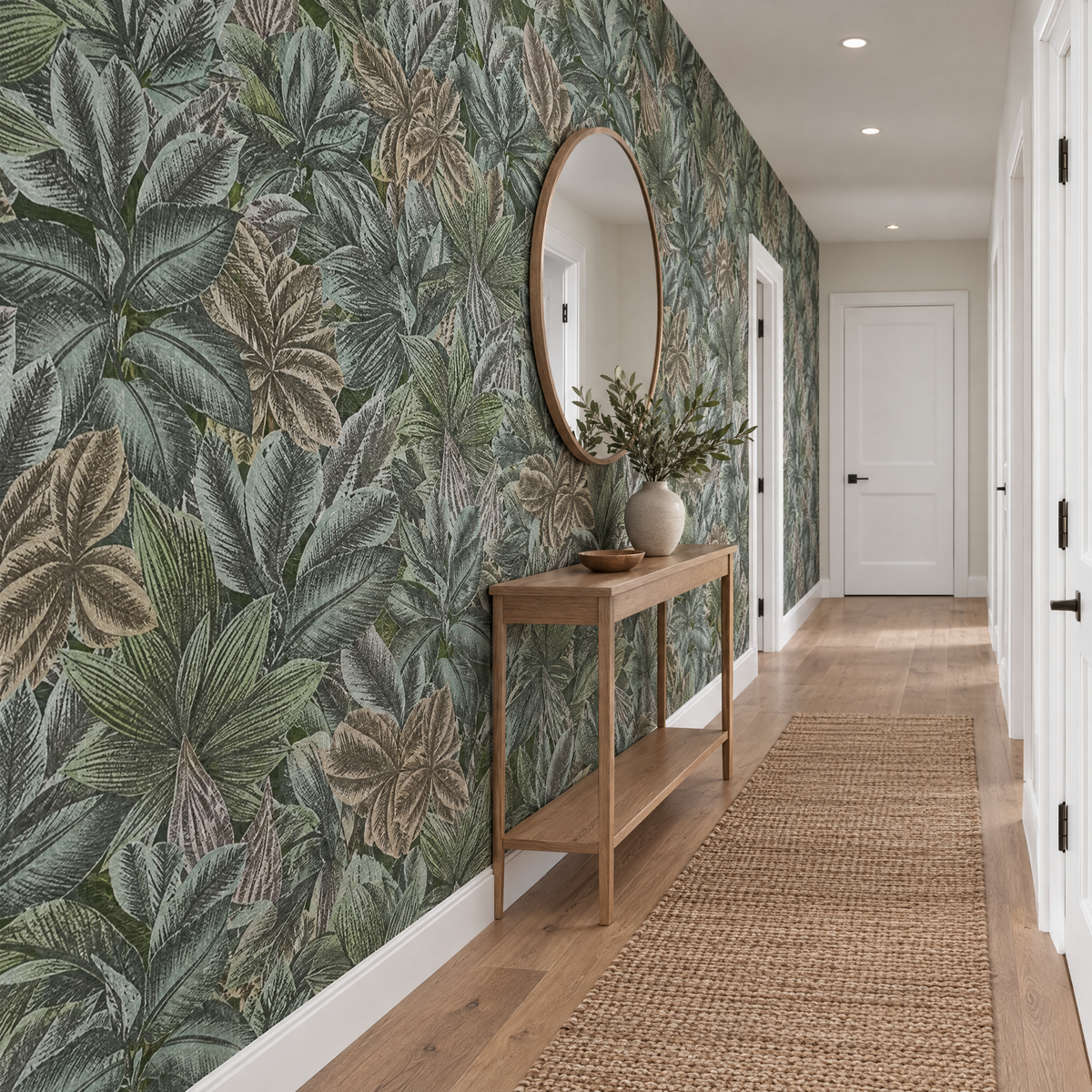 Papier peint feuilles tropicales vert sauge et gris bleuté dans un couloir