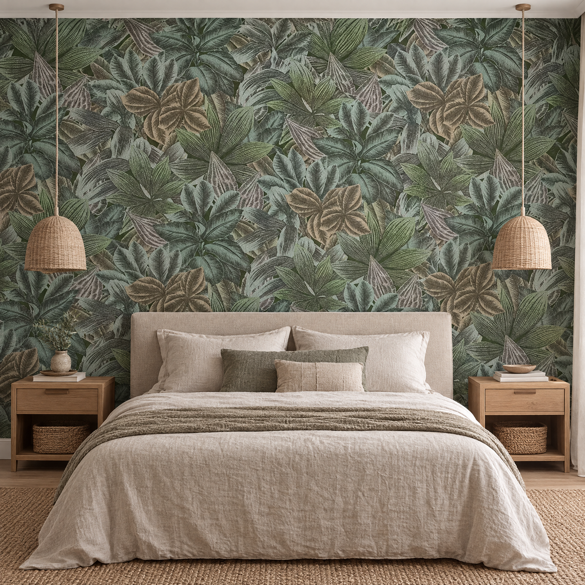 Papier peint feuilles tropicales vert sauge et gris bleuté dans une chambre