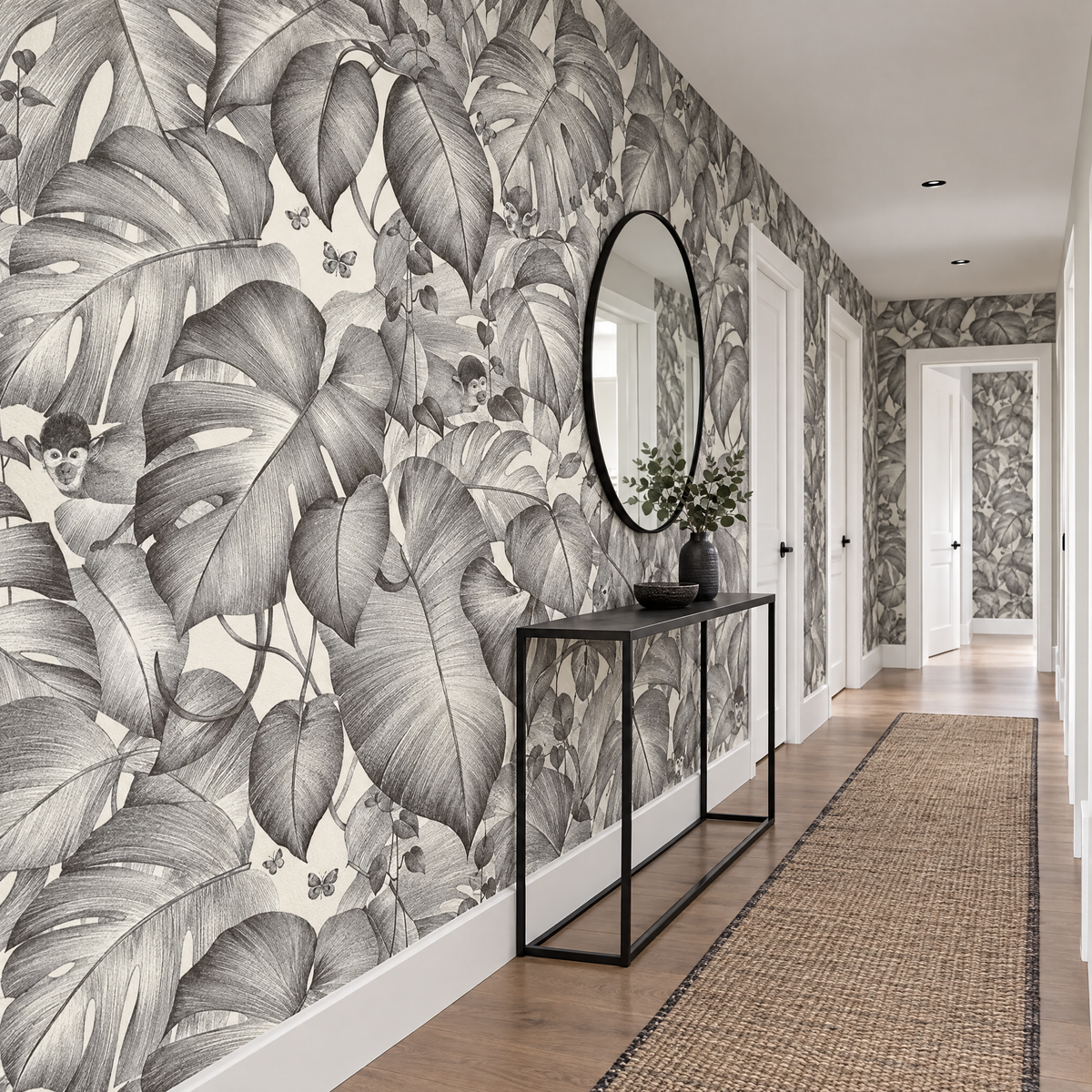 Papier peint jungle singe gris et blanc dans un couloir
