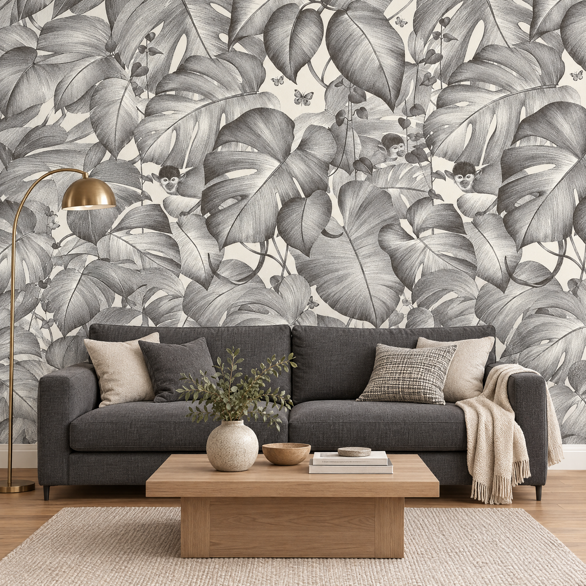 Papier peint jungle singe gris et blanc dans un salon