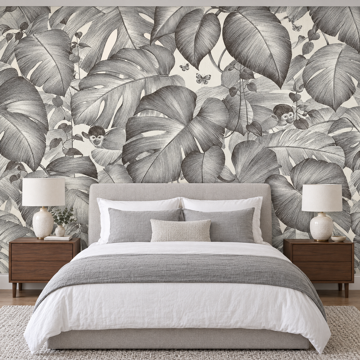Papier peint jungle singe gris et blanc dans une chambre