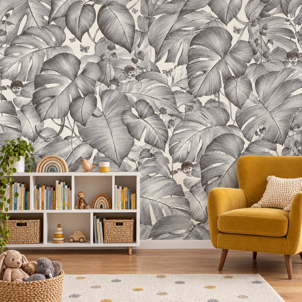 Papier peint jungle singe gris et blanc dans une salle de jeux et de lecture