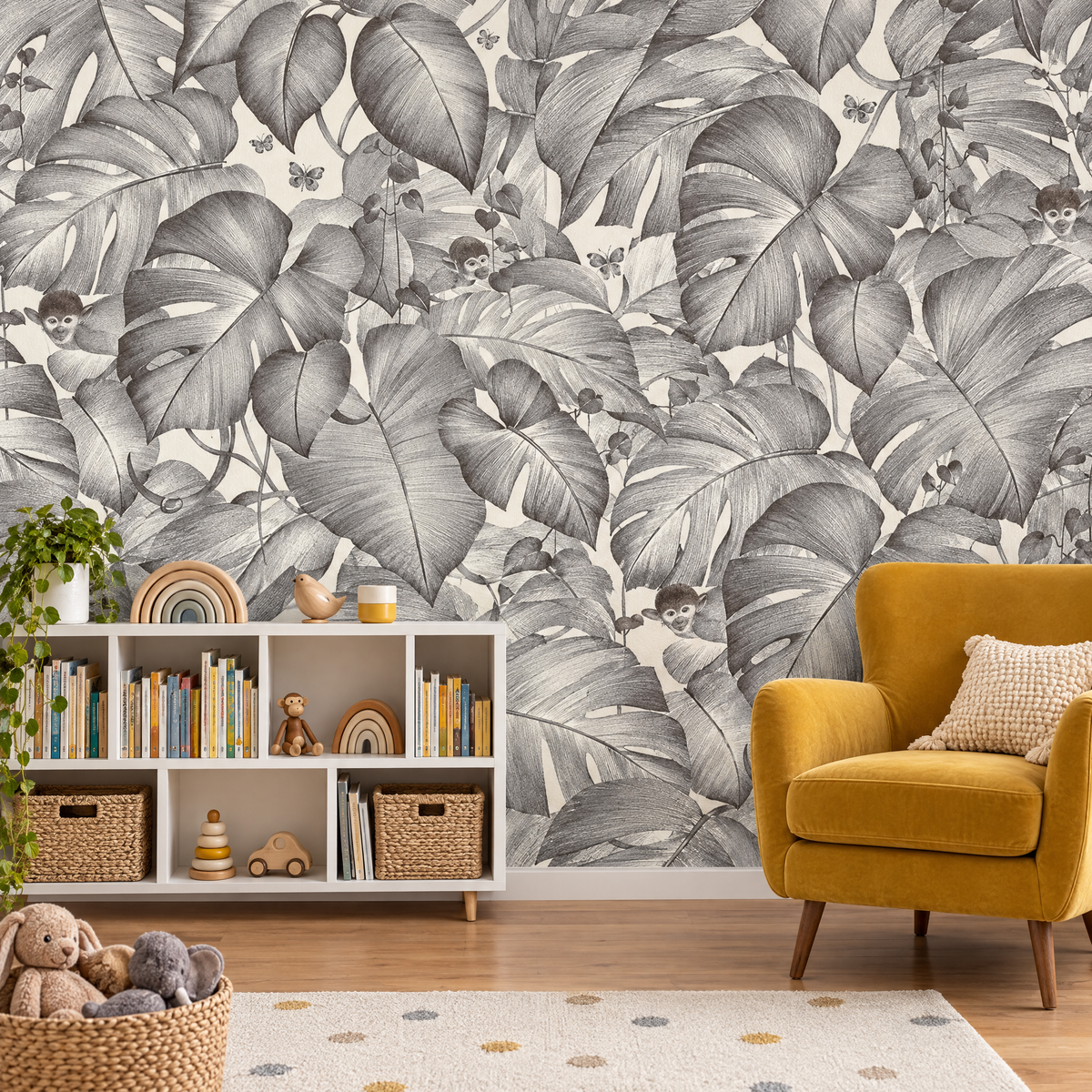 Papier peint jungle singe gris et blanc dans une salle de jeux et de lecture
