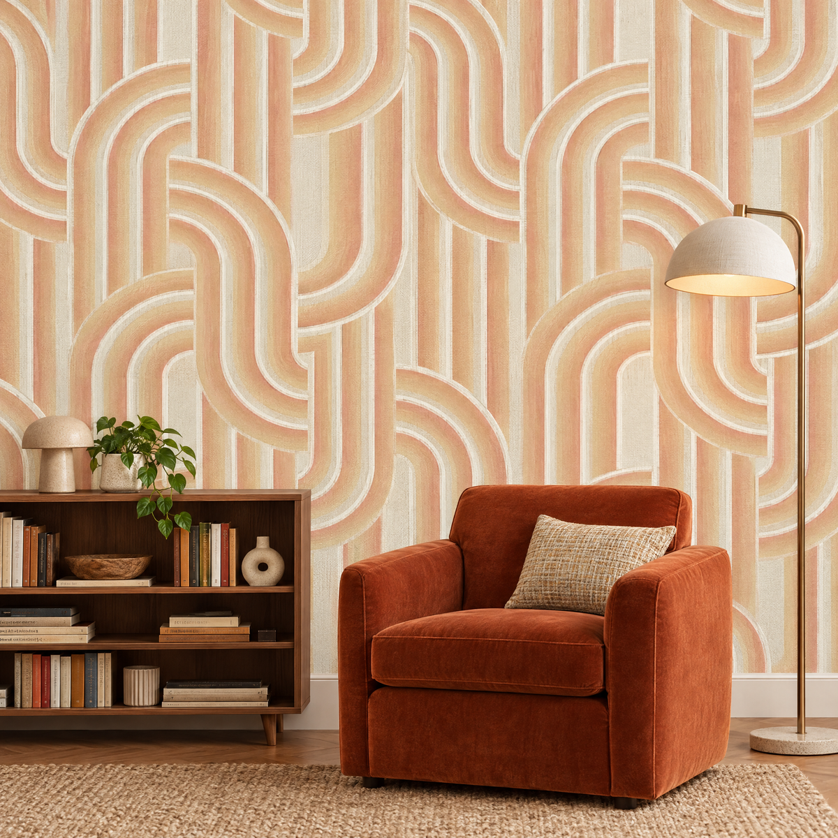 Salle de lecture avec papier peint rétro années 70 arches beige pêche et orange