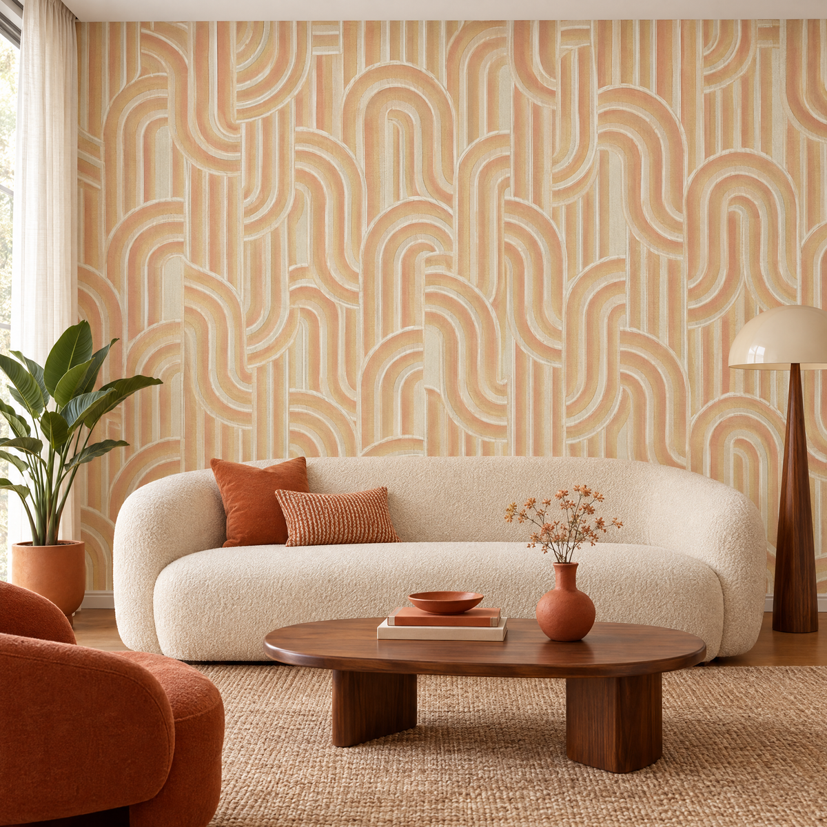 Salon avec papier peint rétro années 70 arches beige pêche et orange
