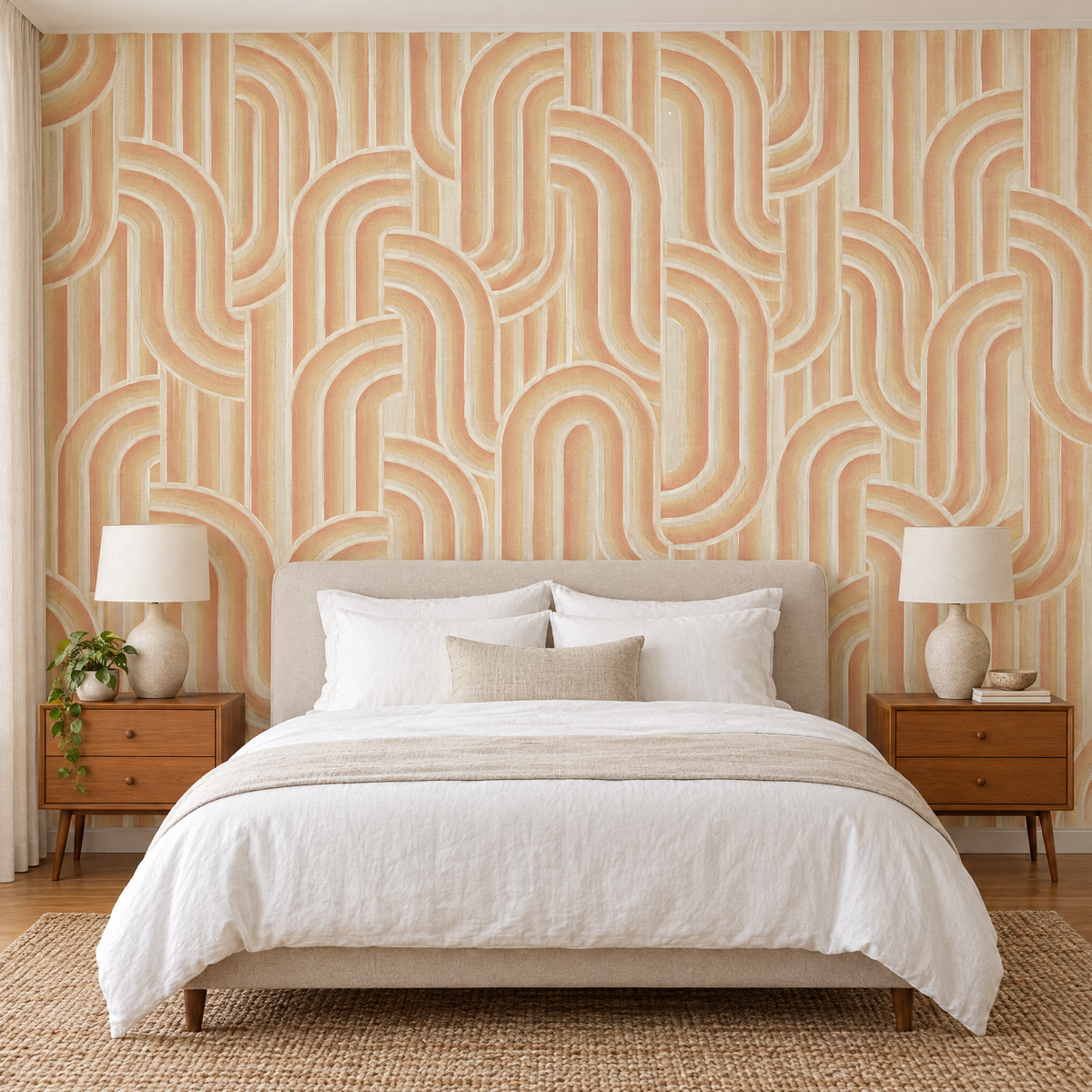 Chambre avec papier peint rétro années 70 arches beige pêche et orange