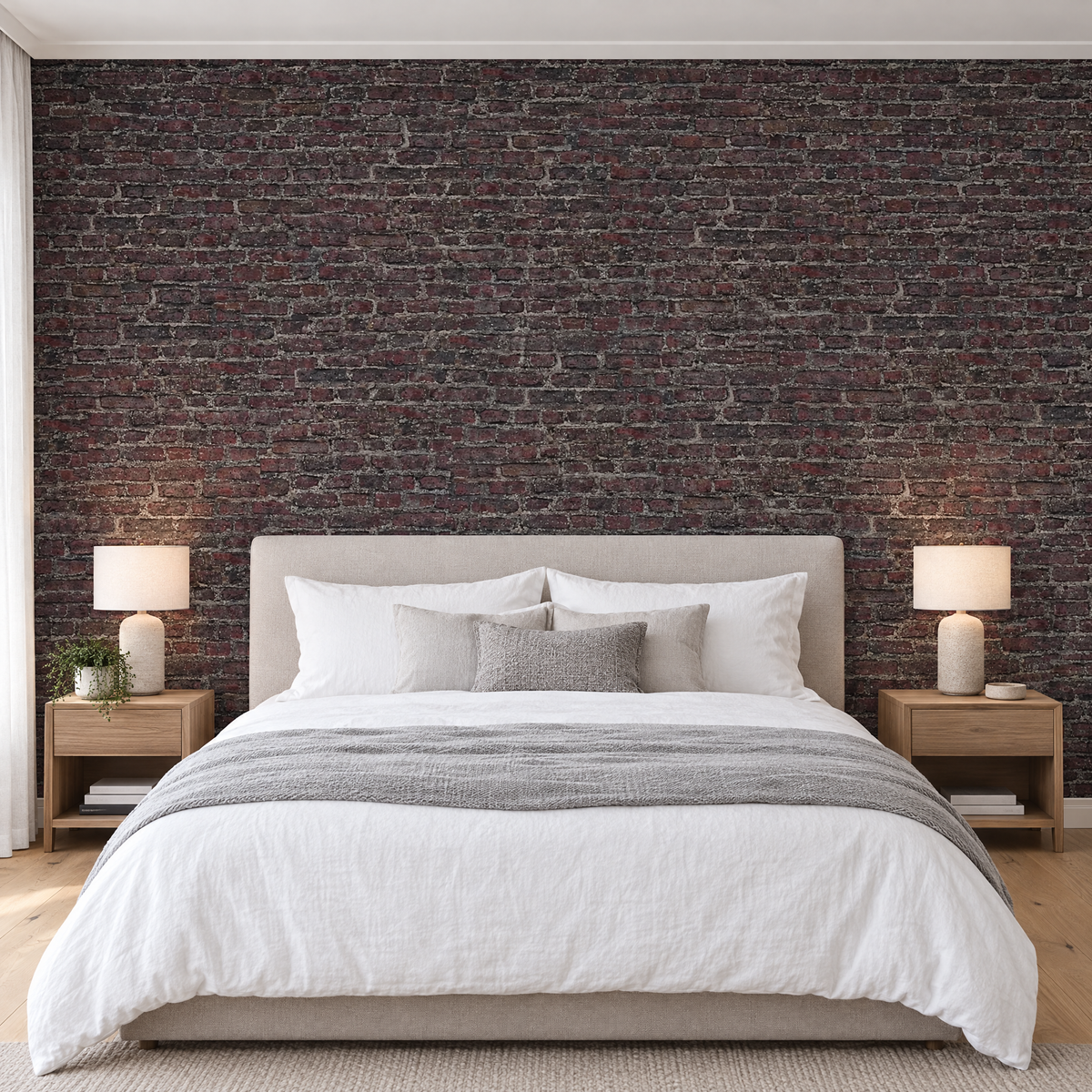 Chambre avec papier peint effet brique gris anthracite et bordeaux