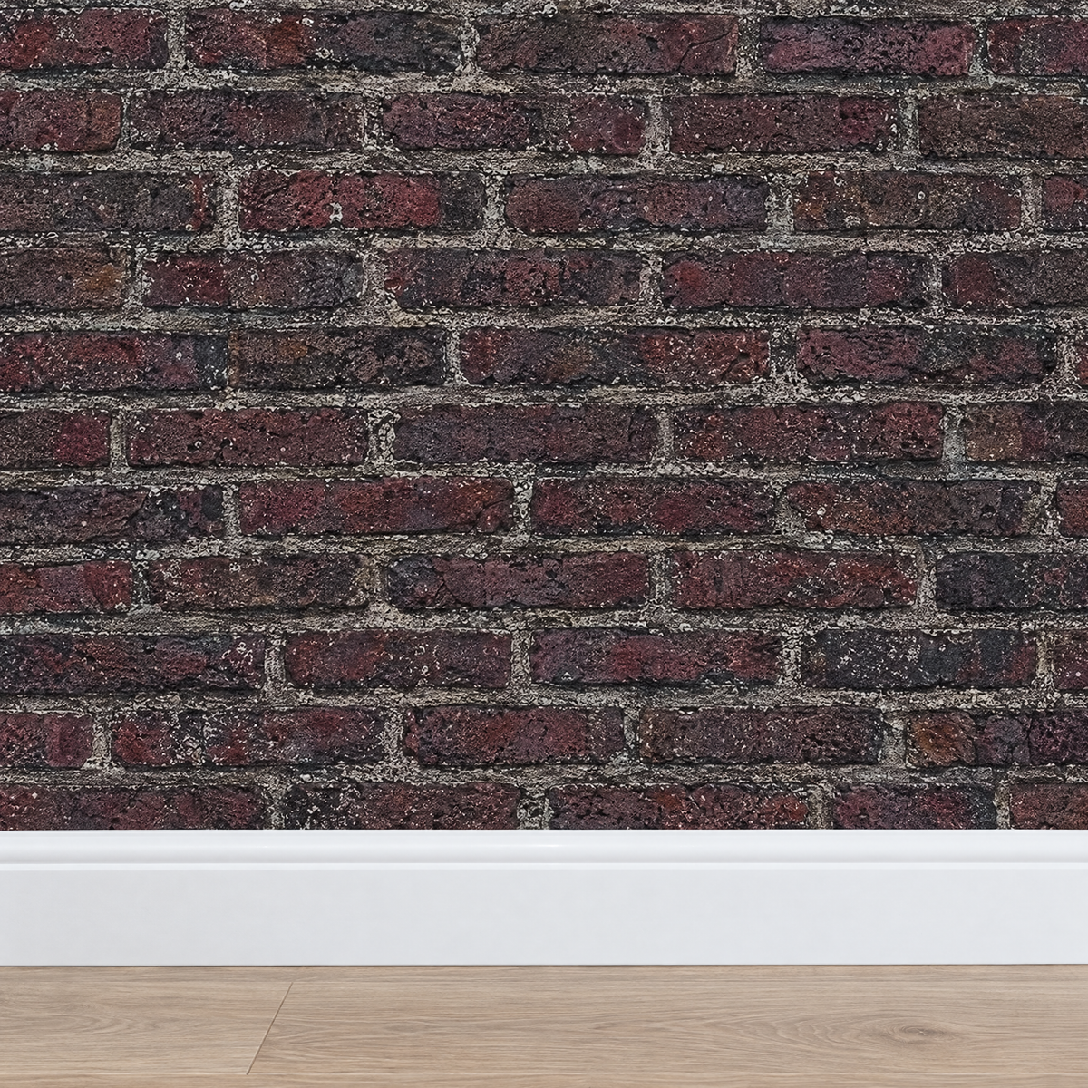 Gros plan plinthe blanche avec papier peint effet brique gris anthracite et bordeaux