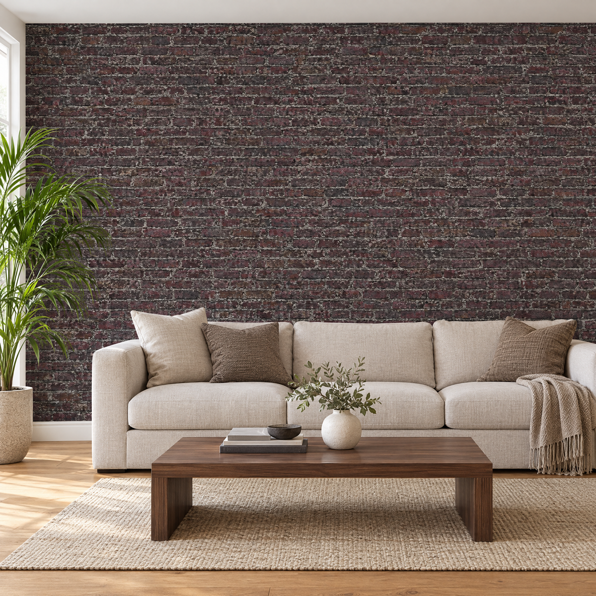 Salon avec papier peint effet brique gris anthracite et bordeaux