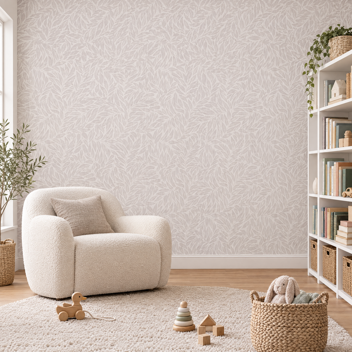Salle de jeux et lecture avec papier peint feuillage tonal gris taupe clair
