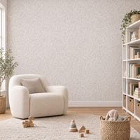 Salle de jeux et lecture avec papier peint feuillage tonal gris taupe clair