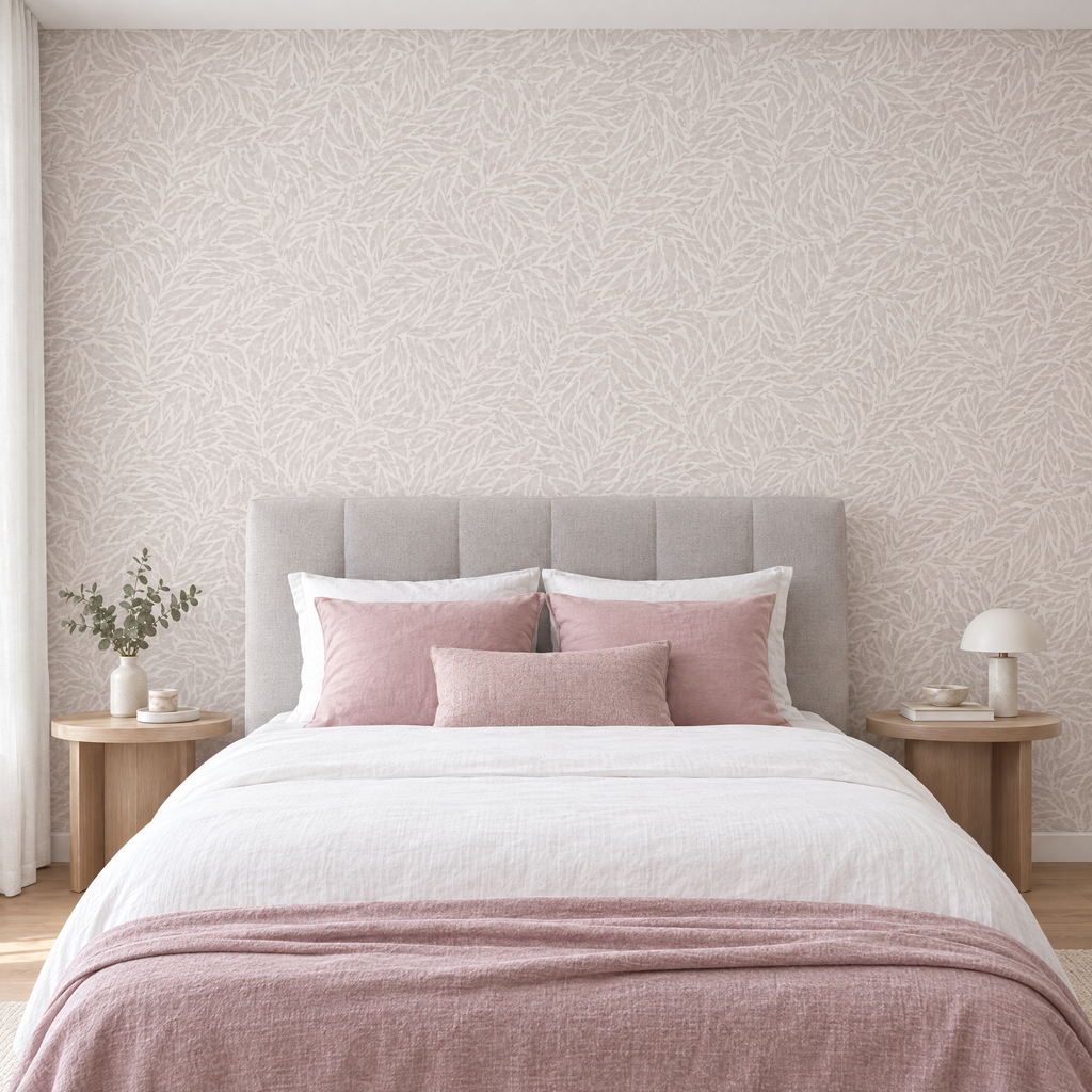 Chambre avec papier peint feuillage tonal gris taupe clair