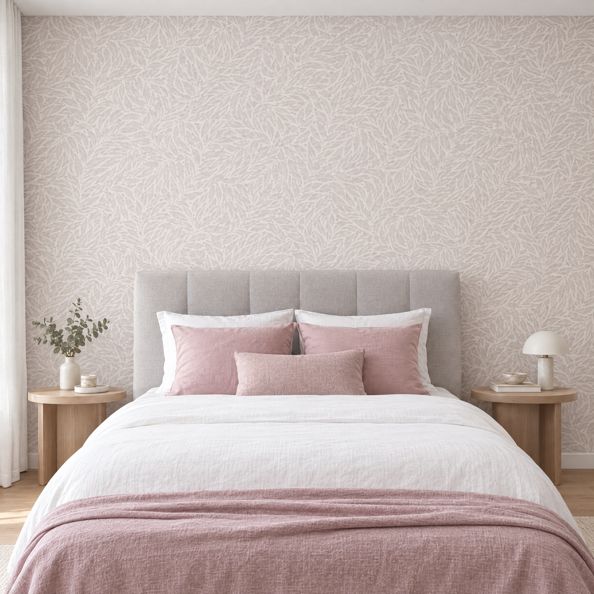 Chambre avec papier peint feuillage tonal gris taupe clair