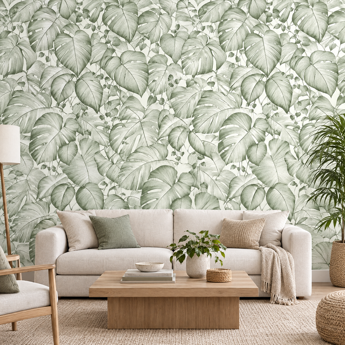 Papier peint jungle monstera vert sauge et blanc dans un salon lumineux