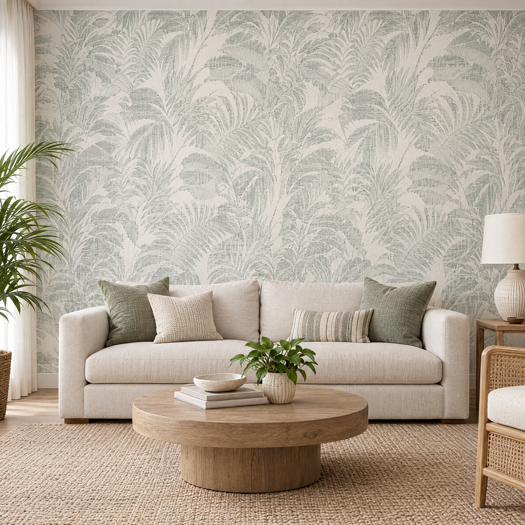 Papier peint feuilles de palmier vert sauge sur fond crème dans un salon