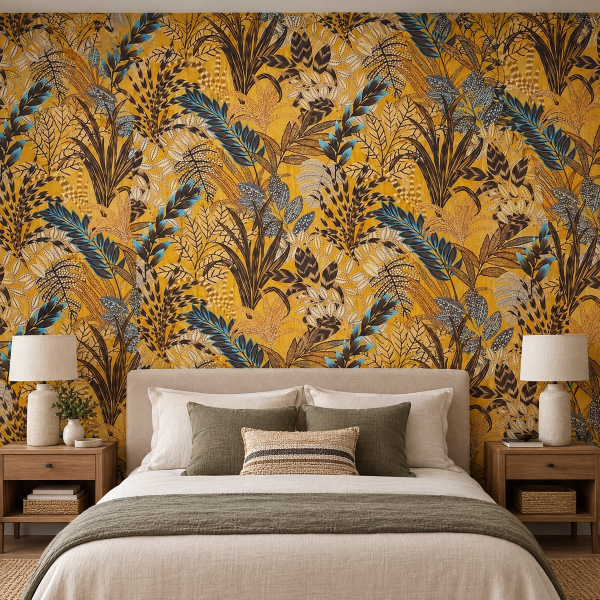 Papier peint feuillage tropical jaune ocre et bleu derrière une tête de lit en chambre