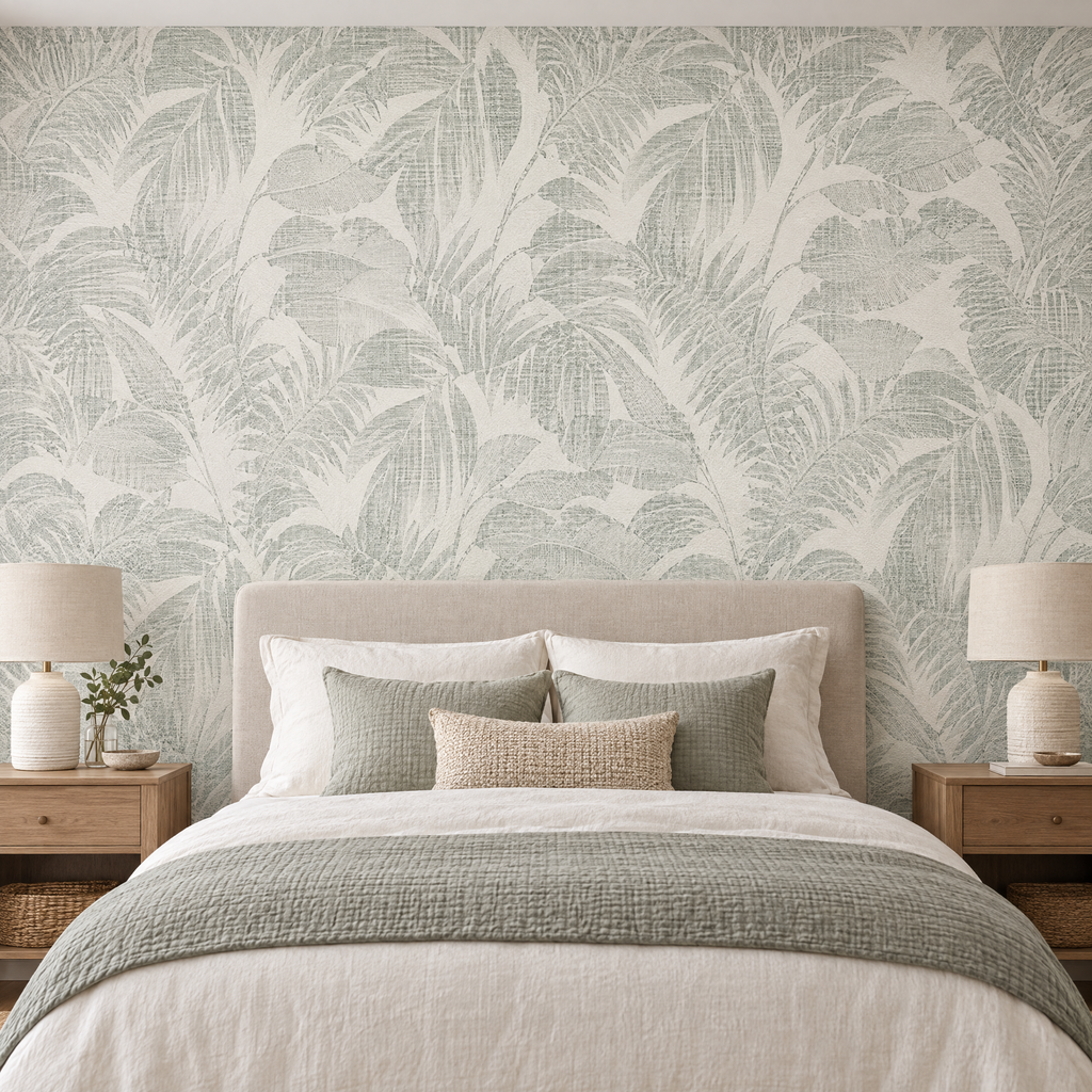 Papier peint feuilles de palmier vert sauge et crème dans une chambre