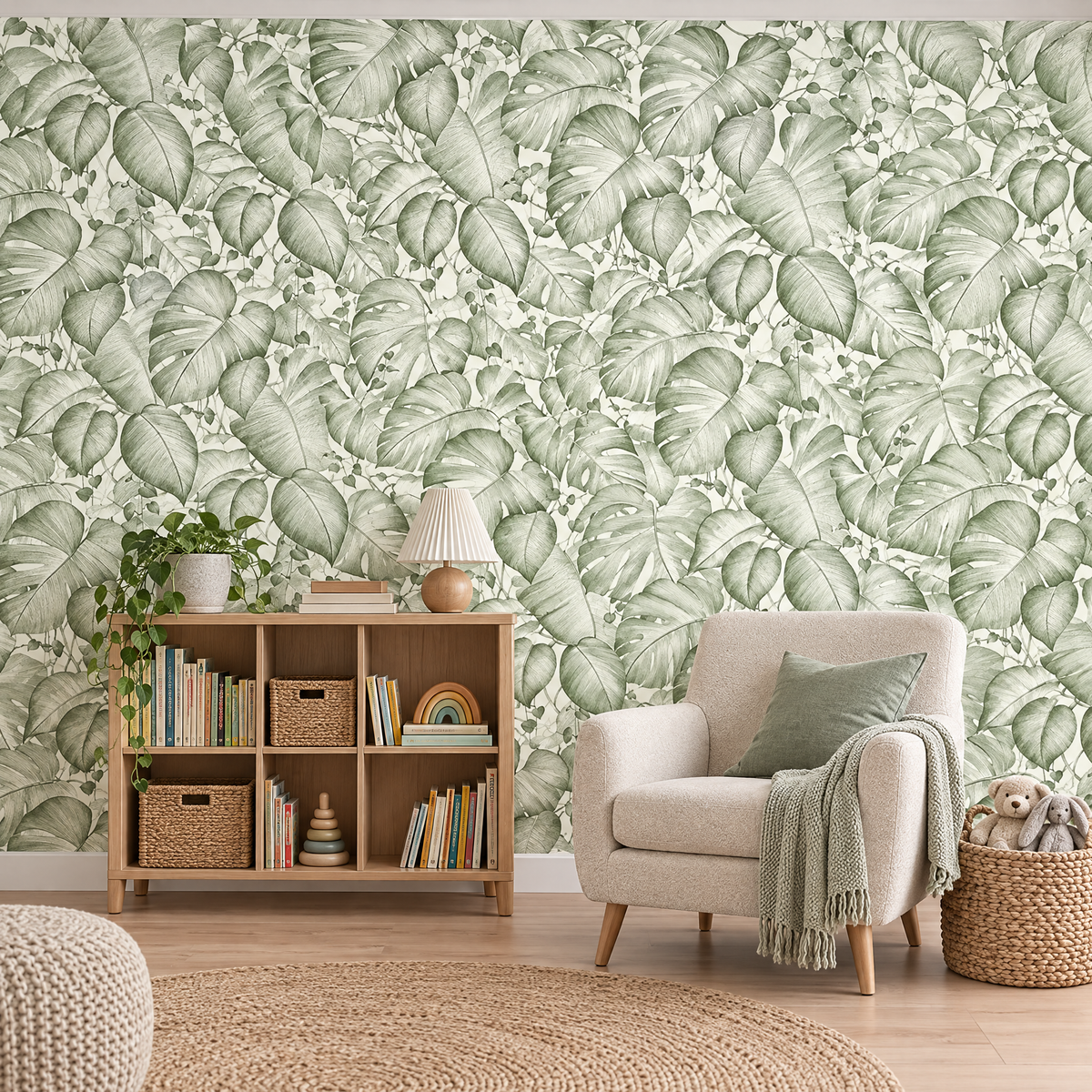 Papier peint jungle monstera vert et blanc dans une salle de jeux et de lecture