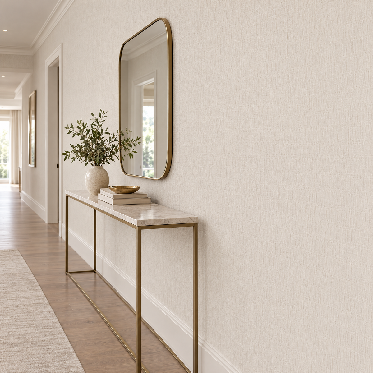 Papier peint texture froissée japandi beige crème et argent dans un couloir