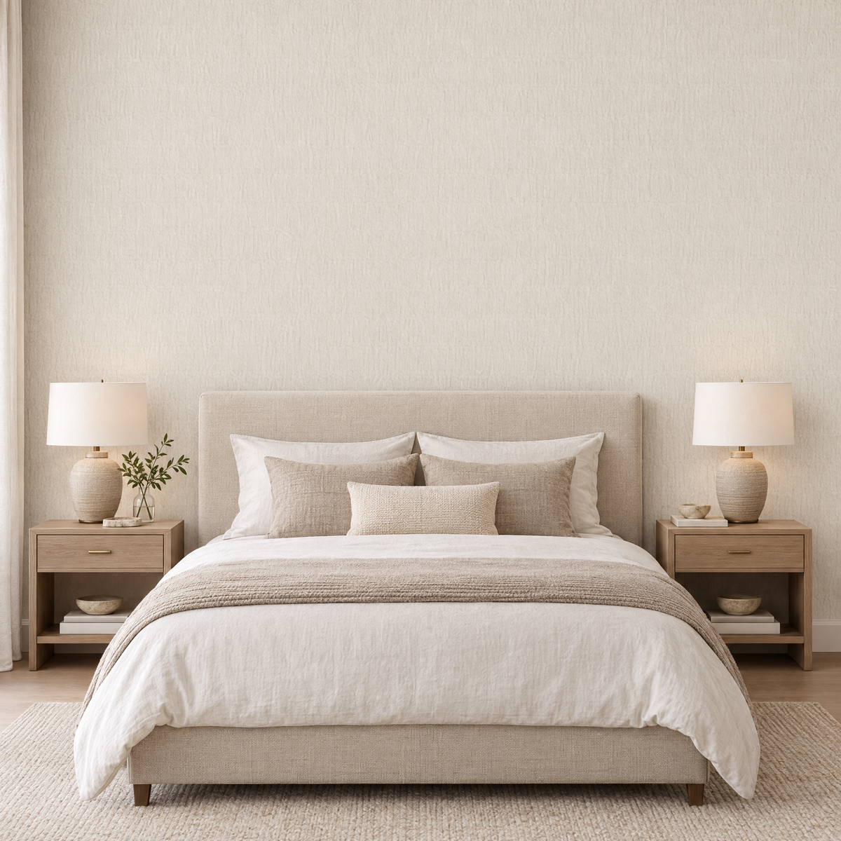 Papier peint texture froissée japandi beige crème et argent dans une chambre