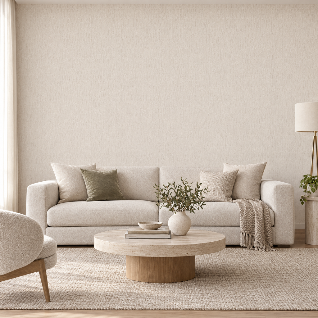 Papier peint texture froissée japandi beige crème et argent dans un salon