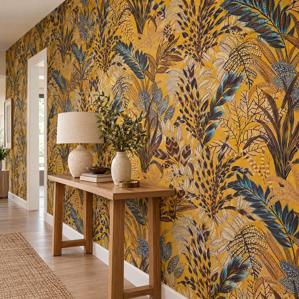 Papier peint jungle jaune ocre et bleu dans un couloir, vue de côté