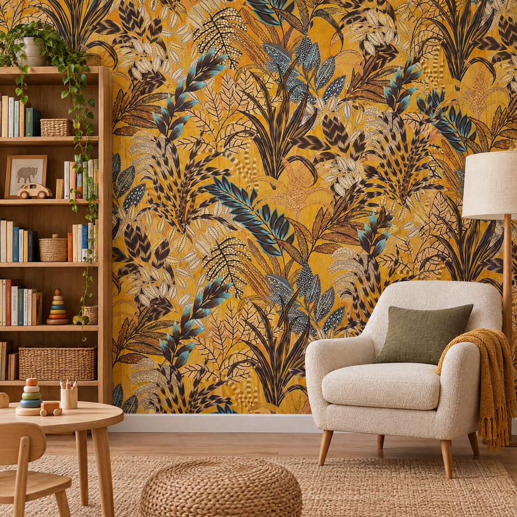 Papier peint botanique jaune ocre et bleu dans une salle de jeux et de lecture