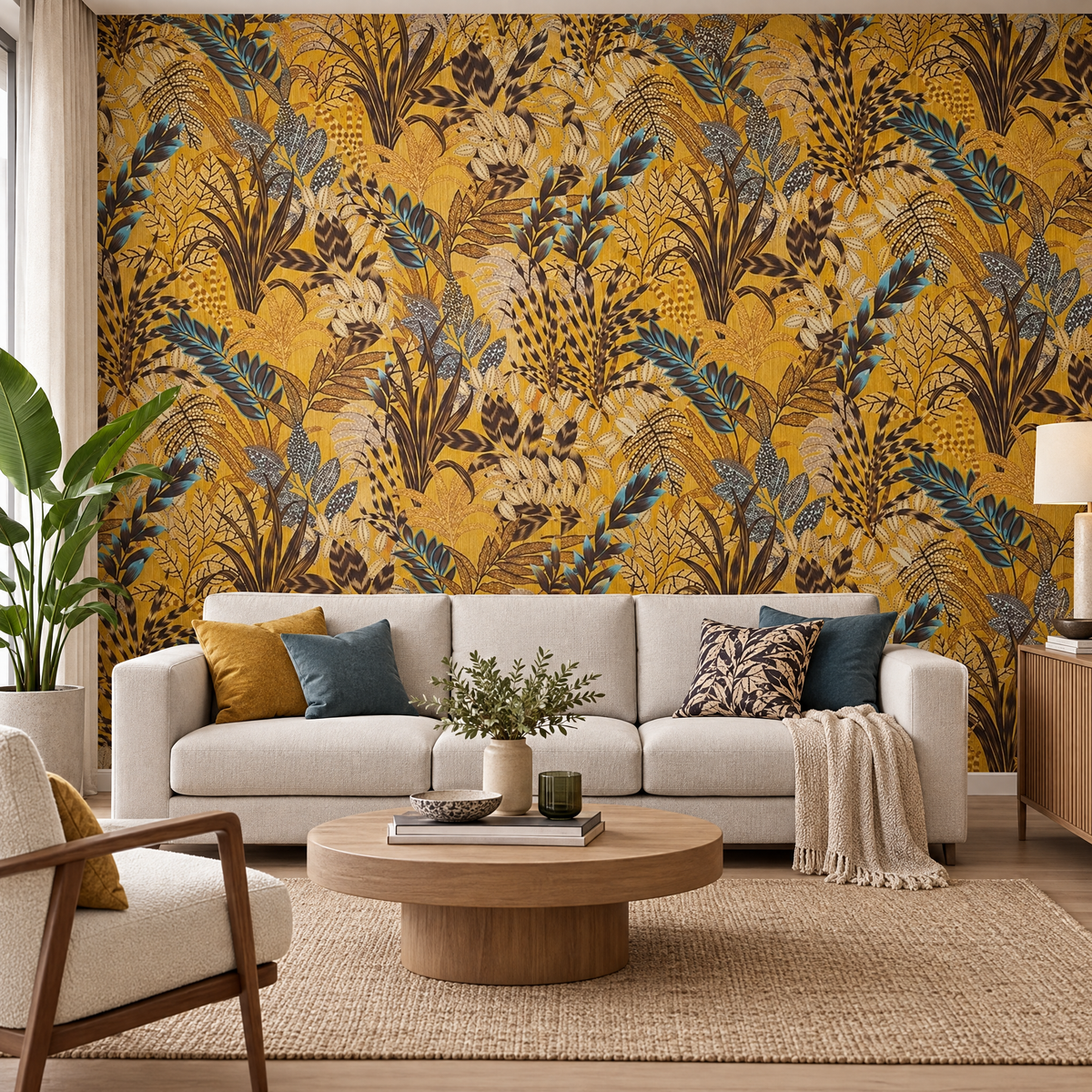 Papier peint jungle botanique jaune ocre et bleu dans un salon