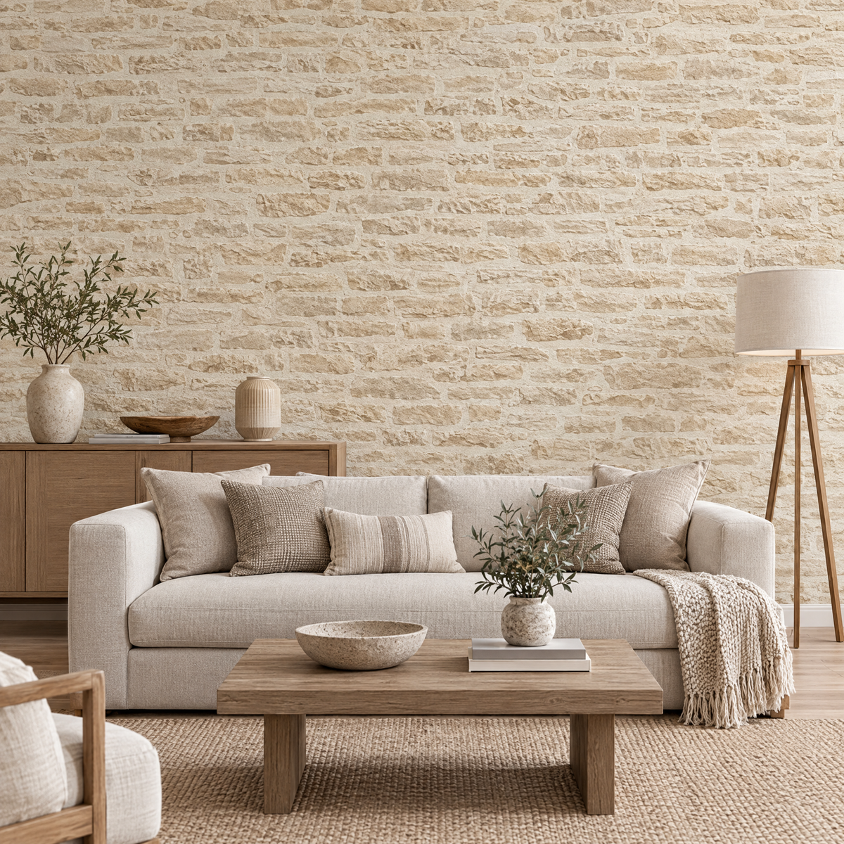 Papier peint effet brique de pierre beige crème dans un salon moderne