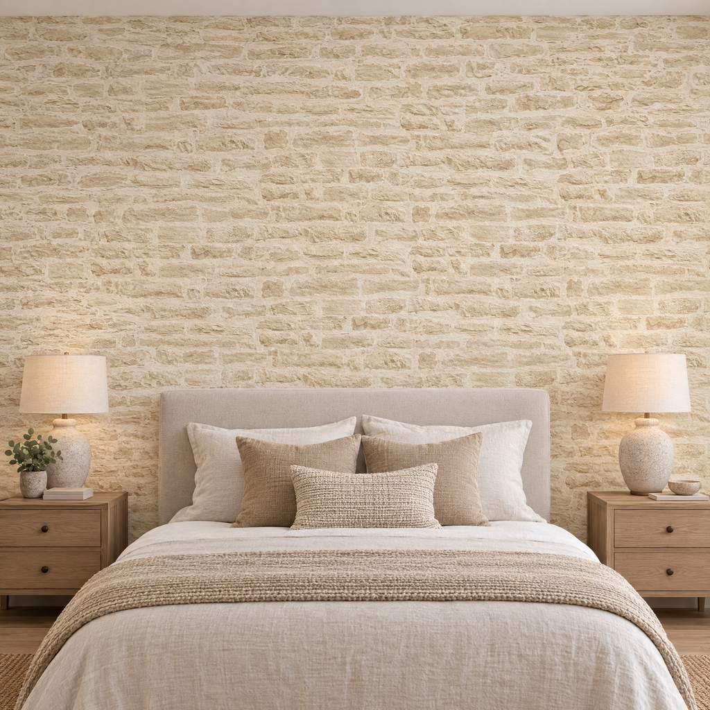 Papier peint effet brique de pierre beige crème derrière une tête de lit en chambre