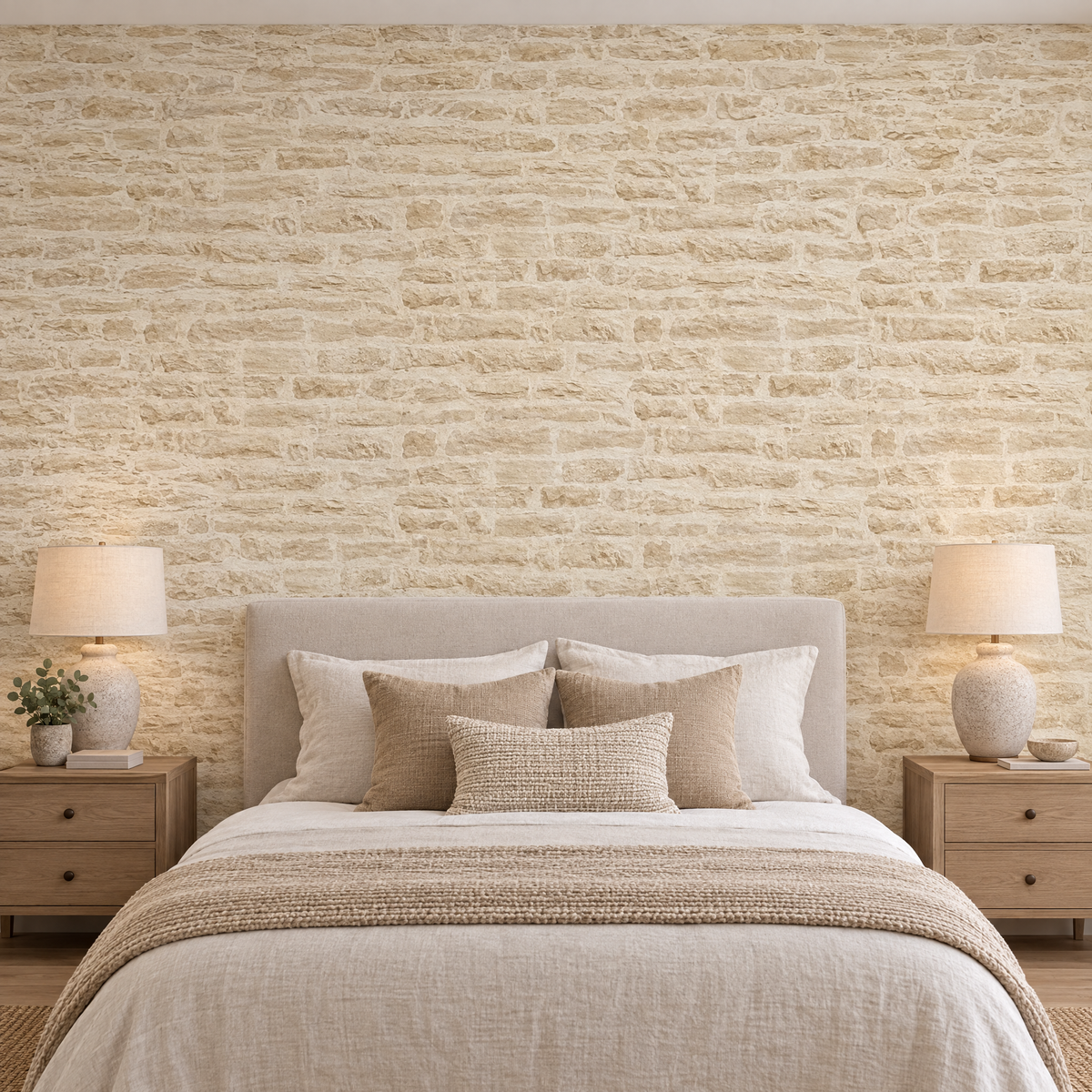 Papier peint effet brique de pierre beige crème derrière une tête de lit en chambre