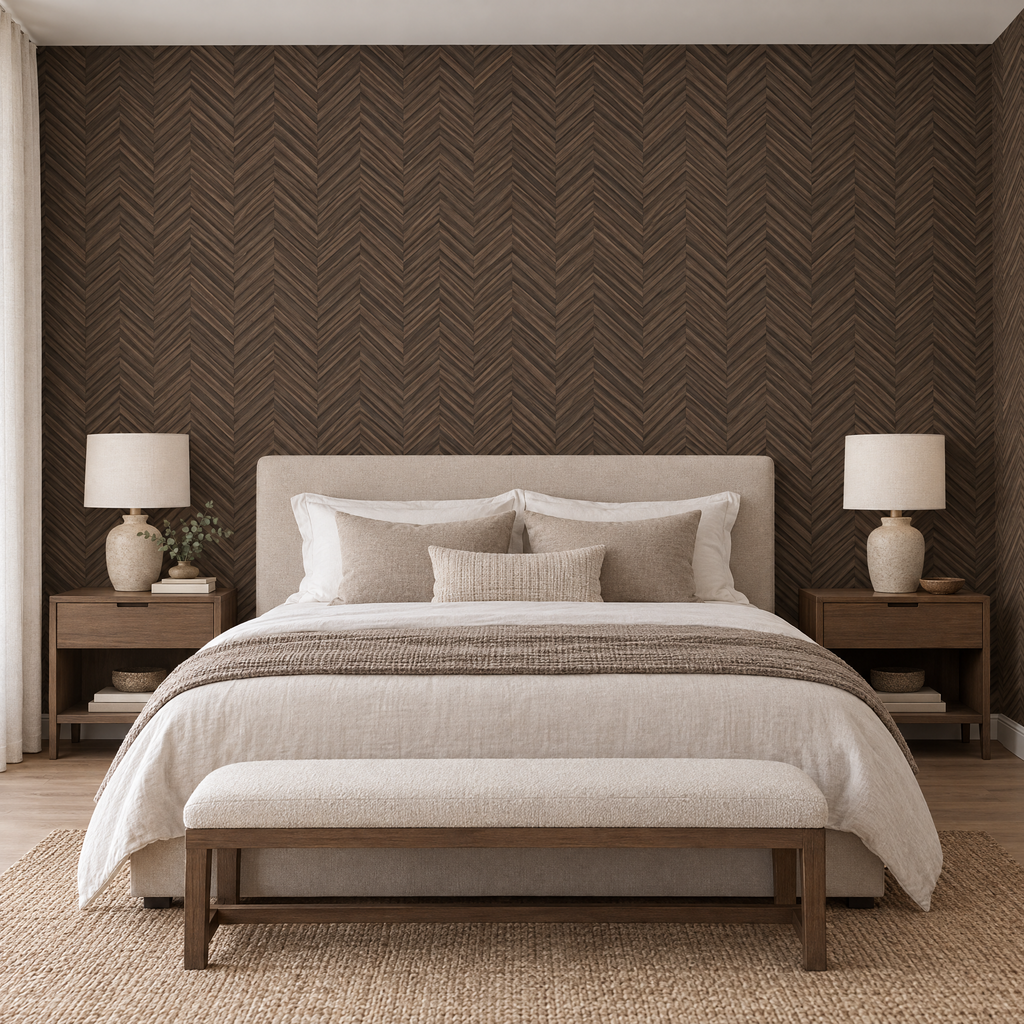 Papier peint effet parquet chevrons bois marron foncé dans une chambre