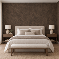 Papier peint effet parquet chevrons bois marron foncé dans une chambre