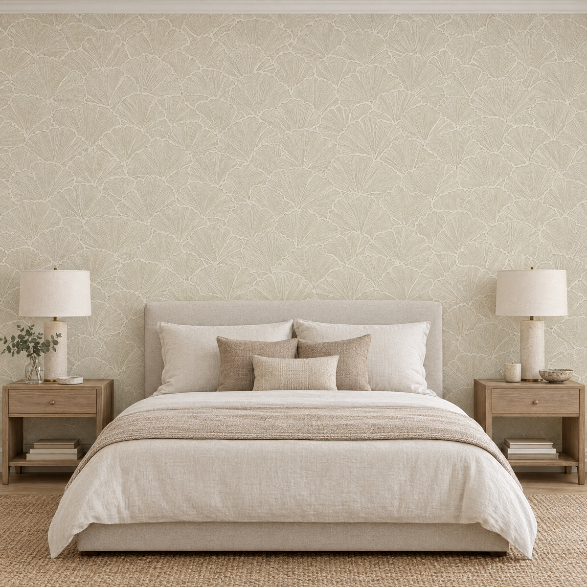 Papier peint feuilles de ginkgo beige et crème dans une chambre