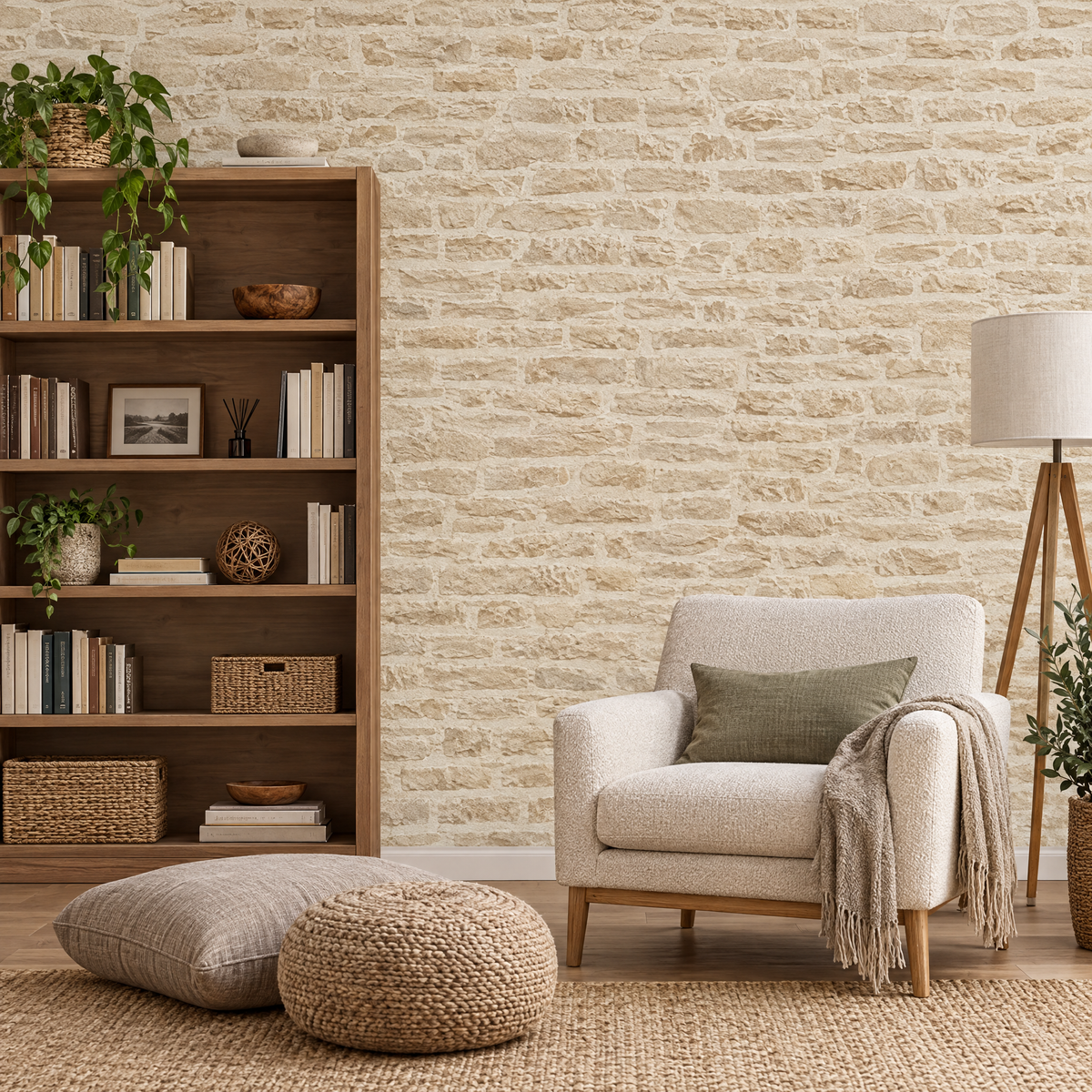 Papier peint effet brique de pierre beige crème dans une salle de jeux et de lecture