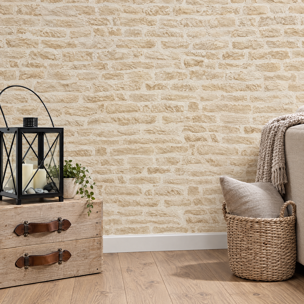 Gros plan sur la plinthe et le papier peint effet brique de pierre beige crème