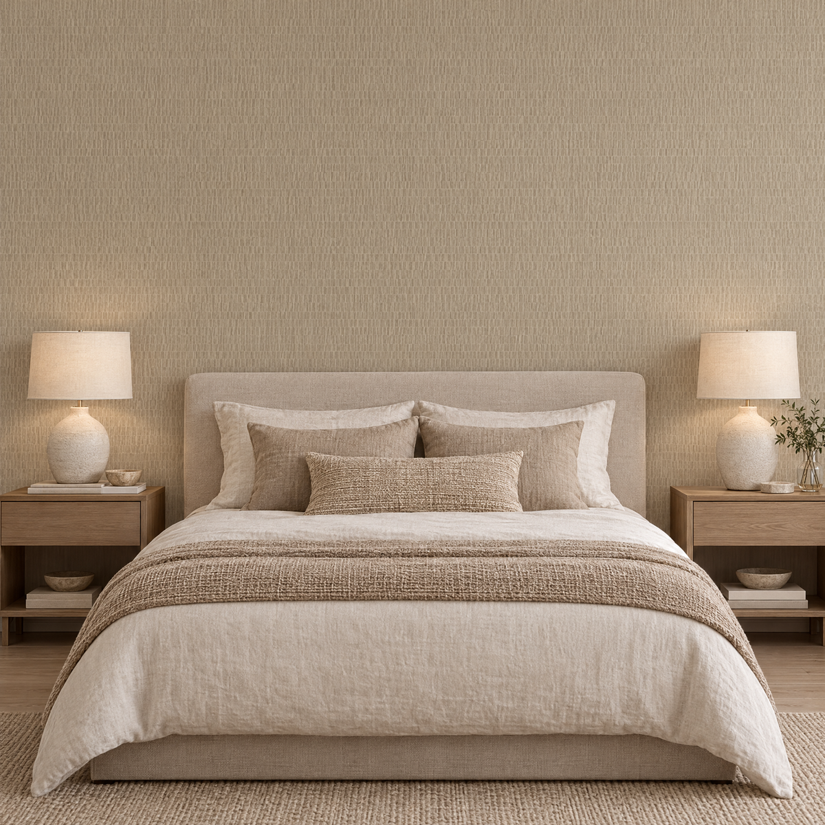 Papier peint effet bois texturé beige derrière une tête de lit en chambre