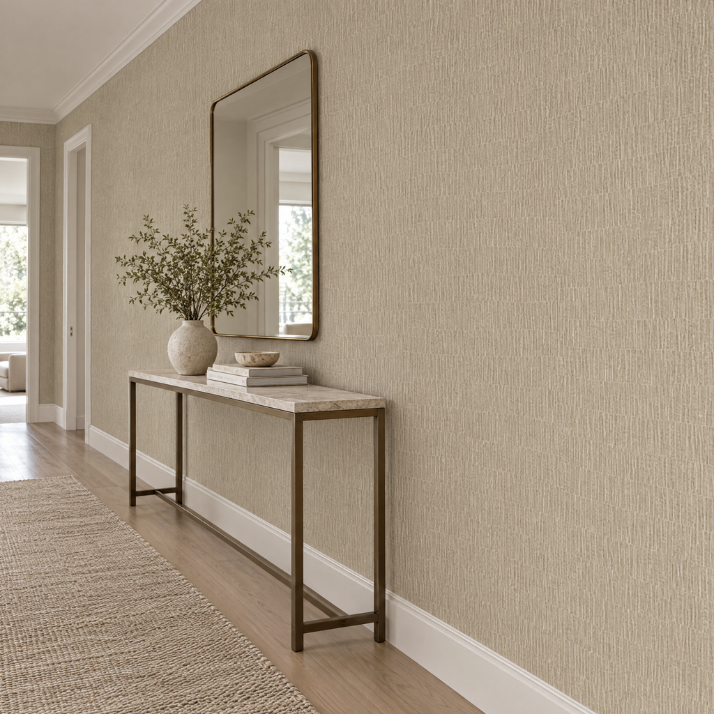 Papier peint effet bois texturé beige dans un couloir
