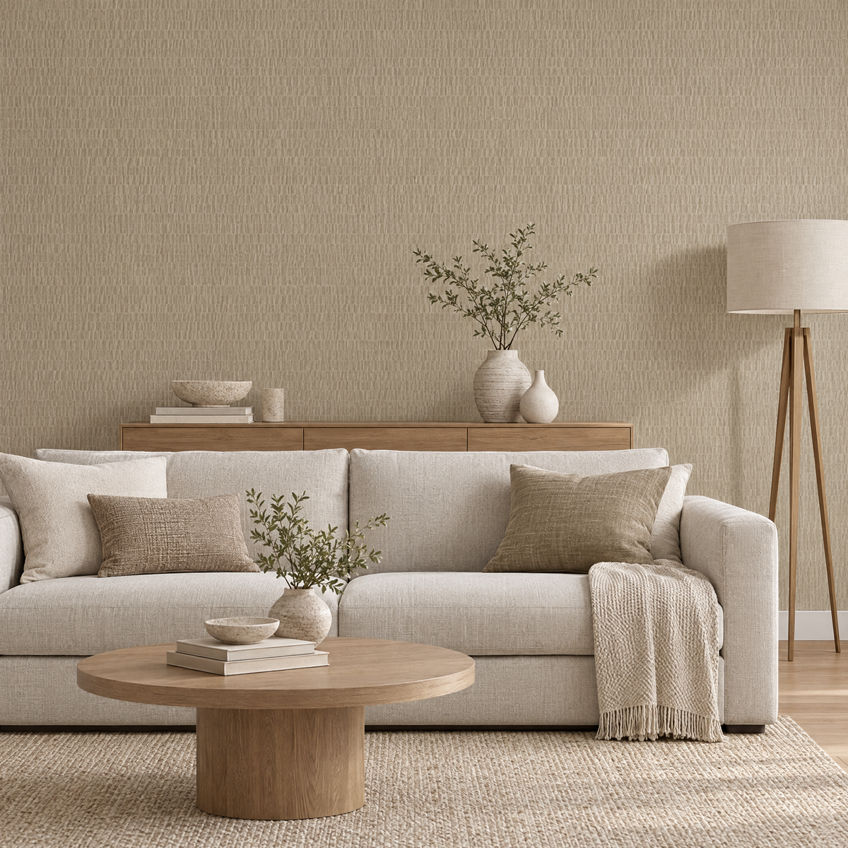 Papier peint effet bois texturé beige dans un salon moderne