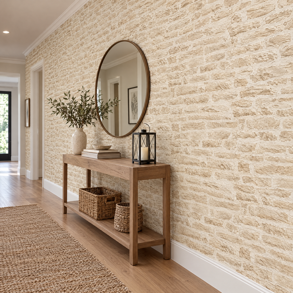 Papier peint effet brique de pierre beige crème dans un couloir