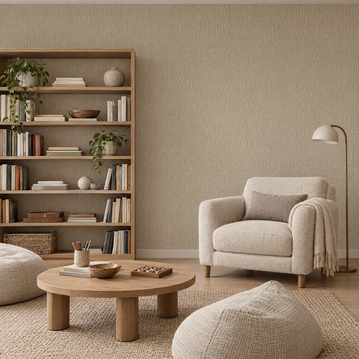 Papier peint effet bois texturé beige dans une salle de jeux et de lecture