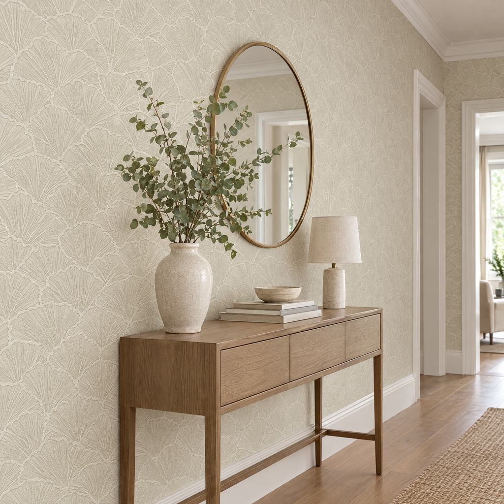 Papier peint feuilles de ginkgo beige et crème dans un couloir