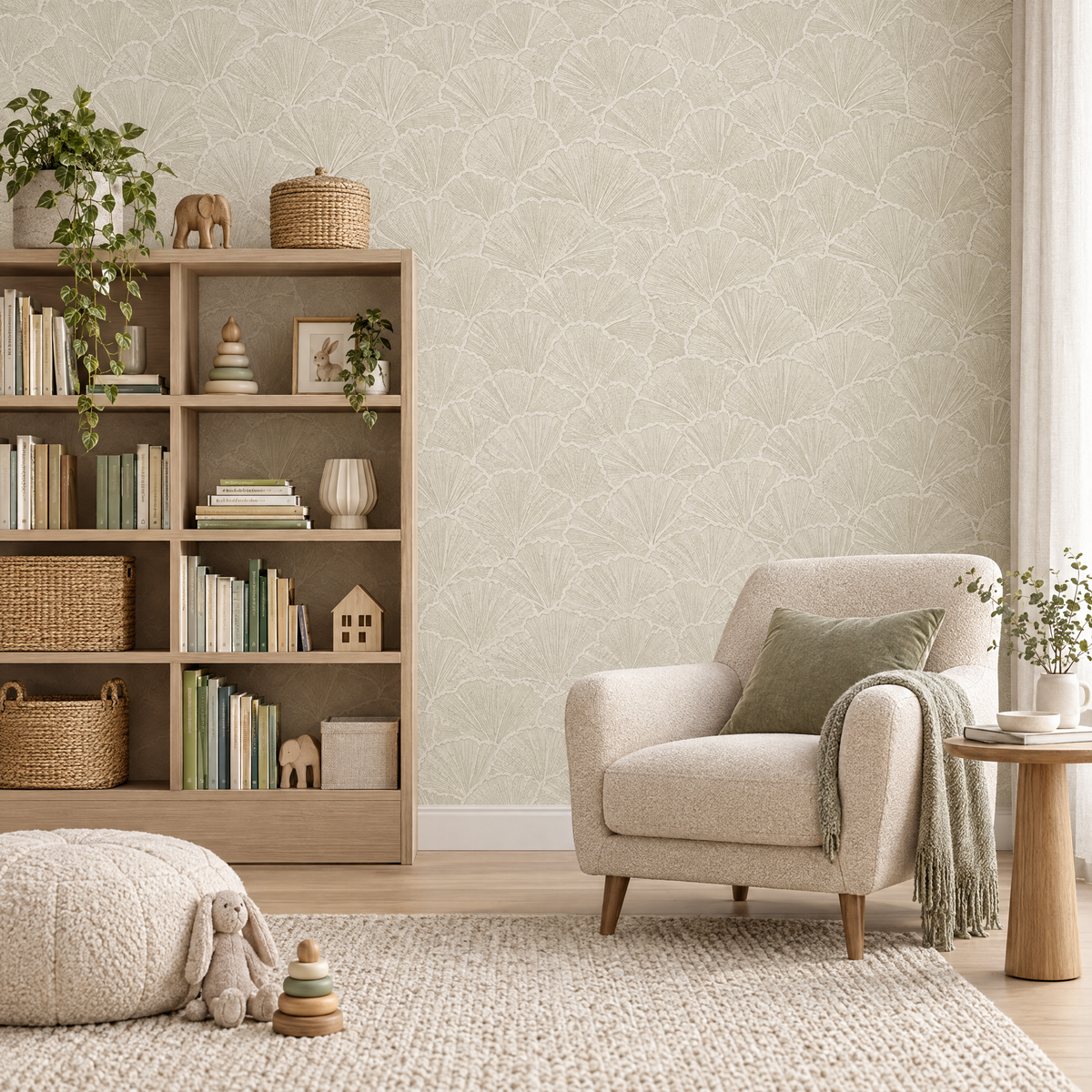 Papier peint feuilles de ginkgo beige et crème dans une salle de lecture
