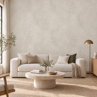 Papier peint végétal beige et taupe dans un salon