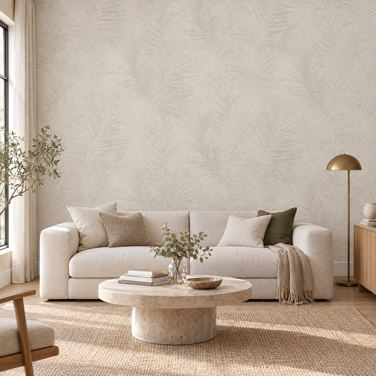 Papier peint végétal beige et taupe dans un salon