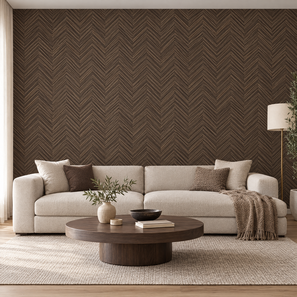 Papier peint effet parquet chevrons bois marron foncé dans un salon